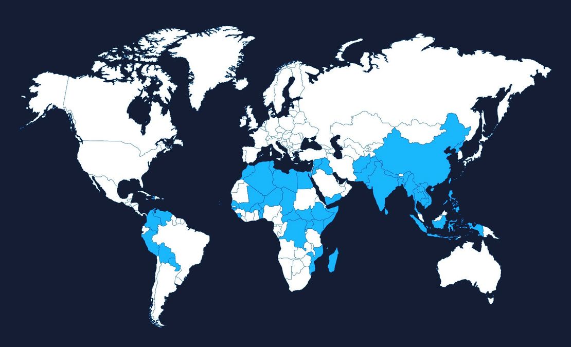 Weltkarte, auf der alle unsere Einsatzländer eingefärbt sind.