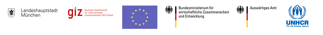 Logos Landeshauptstadt München, Auswärtiges Amt, BMZ, Europa, UNHCR, GIZ
